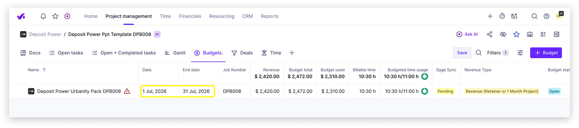 Project budget 1 month example